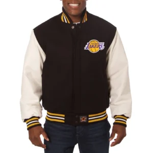 Los angeles lakers domestic two tone wool and leather jacket black white 1