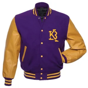 Los angeles lakers letterman wool leather varsity jacket purpleyellow 1 1