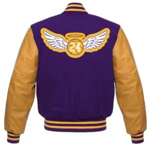 Los angeles lakers letterman wool leather varsity jacket purpleyellow 2 1