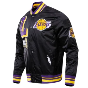 Los angeles lakers mashup logo full snap satin varsity jacket black 7