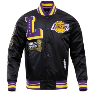 Los angeles lakers mashup logo full snap satin varsity jacket black 9
