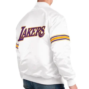 Los angeles lakers power forward full snap satin varsity jacket white