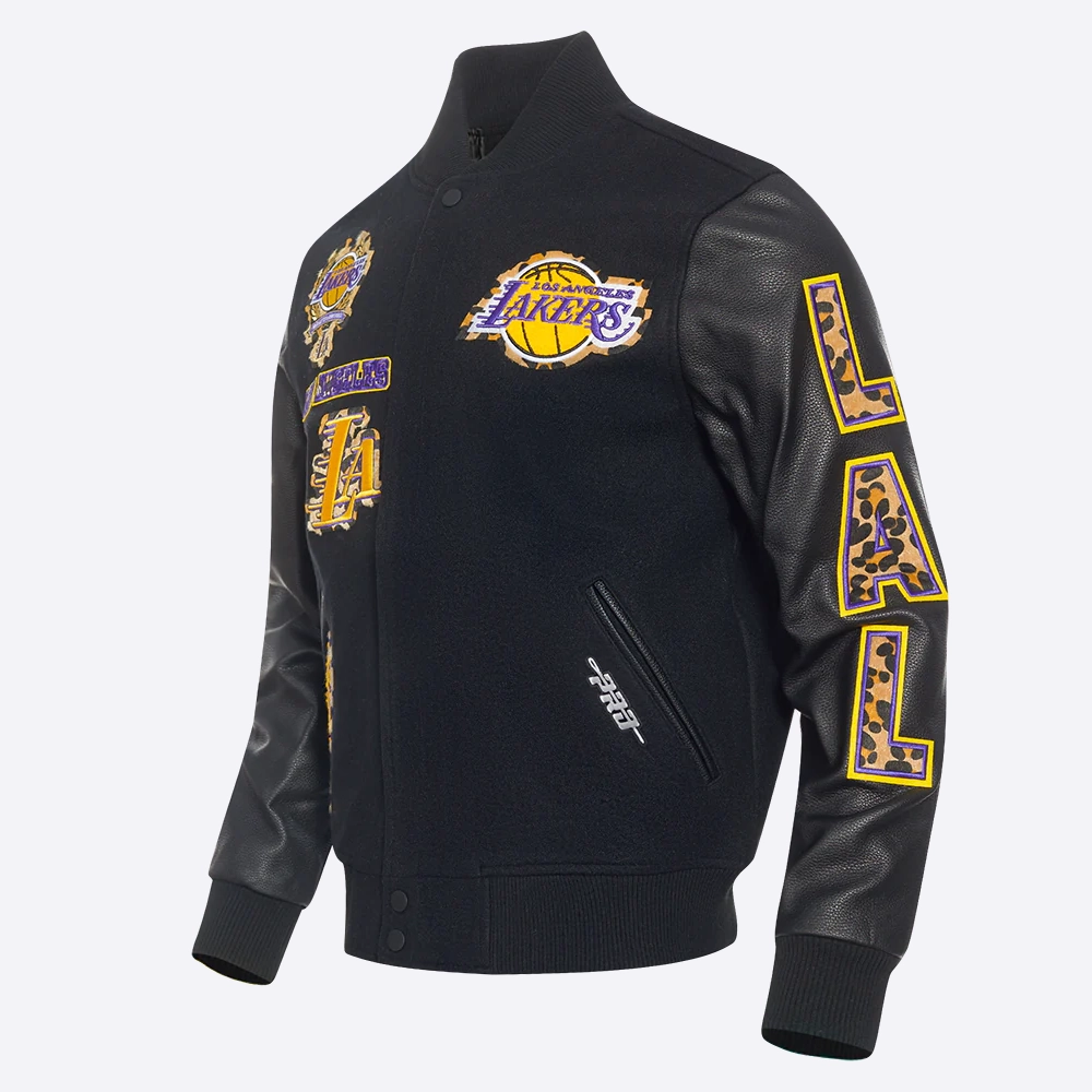 Los angeles lakers pro standard animal print black varsity jacket 1