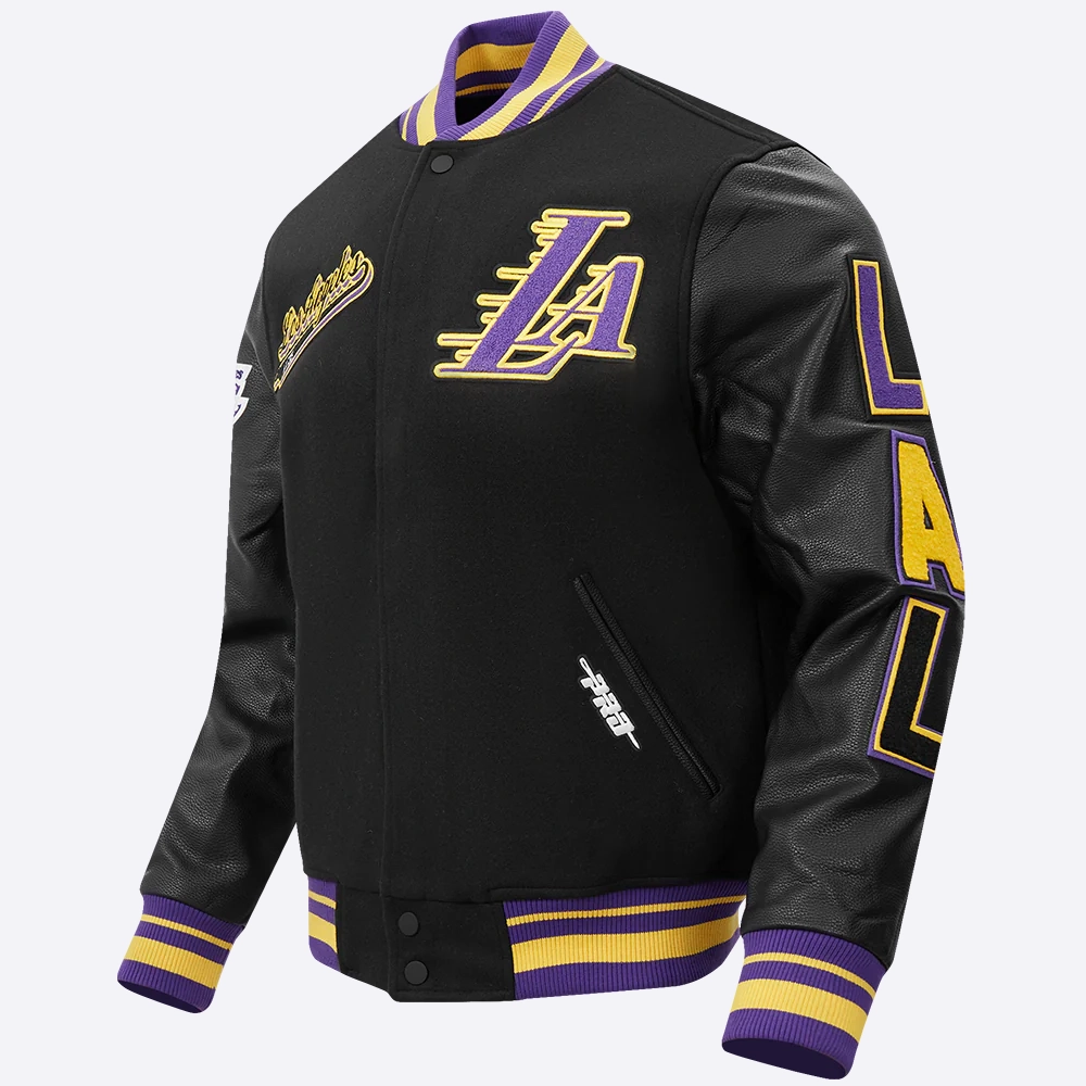 Los angeles lakers pro standard script tail black varsity jacket 1