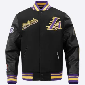 Los angeles lakers pro standard script tail black varsity jacket 2