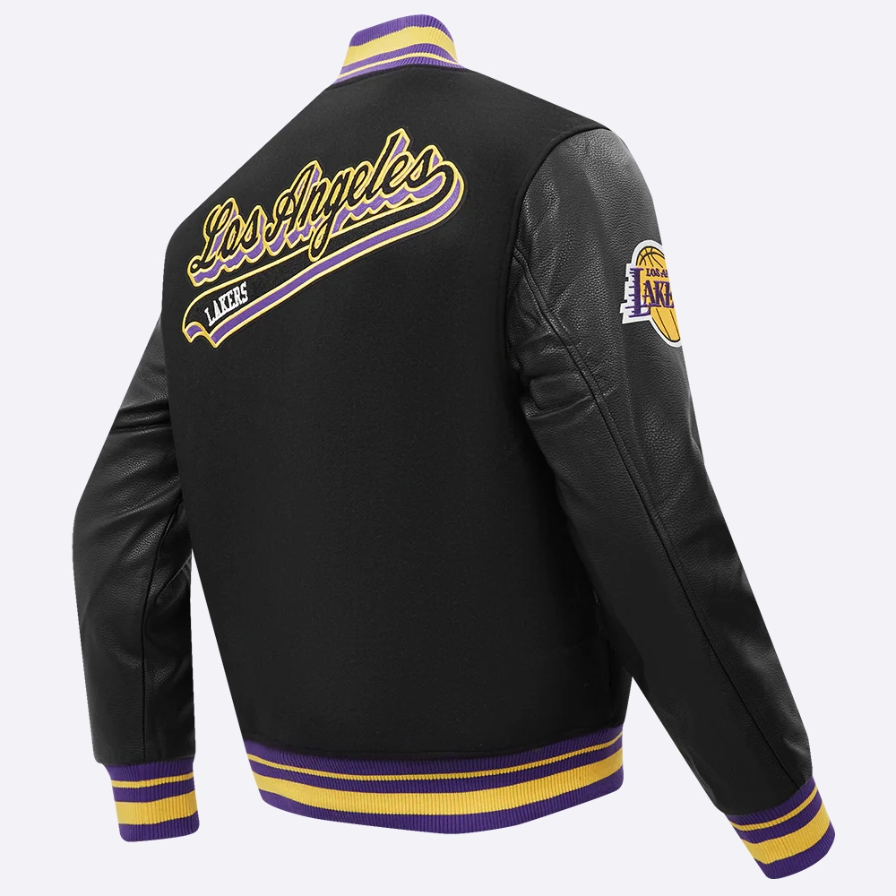 Los angeles lakers pro standard script tail black varsity jacket 3