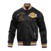 Los angeles lakers retro classic full snap satin varsity jacket black 1