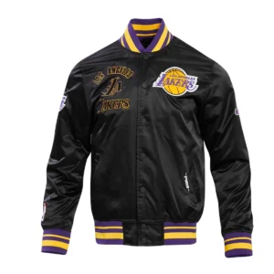 Los angeles lakers retro classic full snap satin varsity jacket black 1