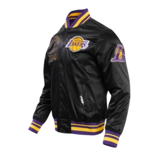 Los angeles lakers retro classic full snap satin varsity jacket black 2