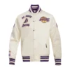 Los angeles lakers retro classic full snap satin varsity jacket cream 1
