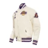 Los angeles lakers retro classic full snap satin varsity jacket cream 2