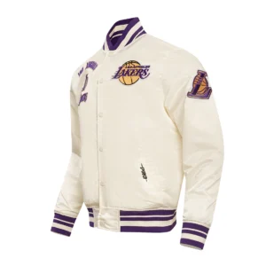 Los angeles lakers retro classic full snap satin varsity jacket cream 2