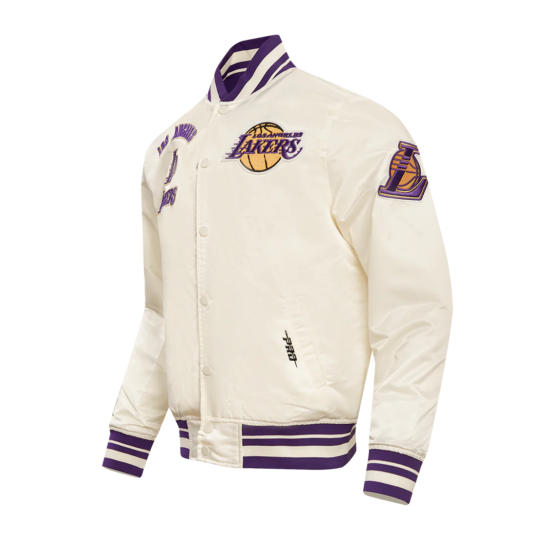 Los angeles lakers retro classic full snap satin varsity jacket cream 2