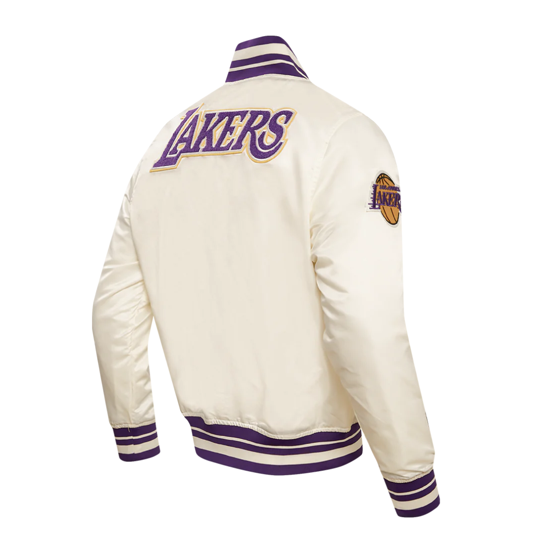Los angeles lakers retro classic full snap satin varsity jacket cream 3