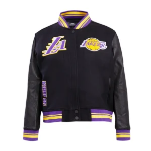 Los angeles lakers retro classic womens wool leather varsity jacket black 1