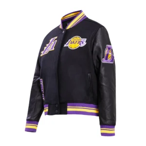 Los angeles lakers retro classic womens wool leather varsity jacket black 2