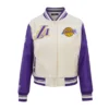Los angeles lakers retro classic womens wool leather varsity jacket white purple 1