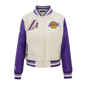 Los angeles lakers retro classic womens wool leather varsity jacket white purple 1