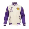 Los angeles lakers retro classic wool leather varsity jacket white purple 1
