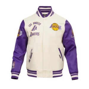 Los angeles lakers retro classic wool leather varsity jacket white purple 1
