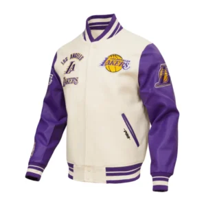 Los angeles lakers retro classic wool leather varsity jacket white purple 2
