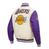 Los angeles lakers retro classic wool leather varsity jacket white purple 3