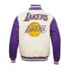 Los angeles lakers retro classic wool leather varsity jacket white purple 4