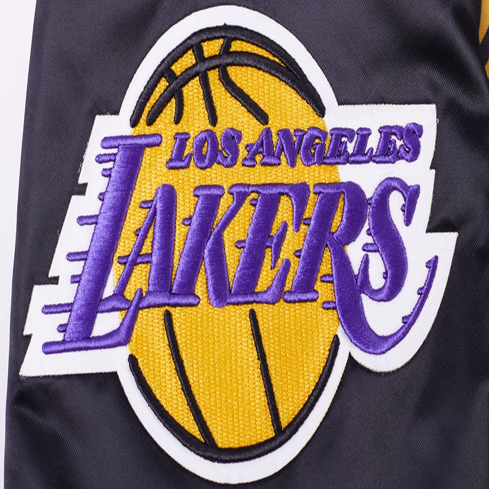 Los angeles lakers script tail full snap satin varsity jacket black 2