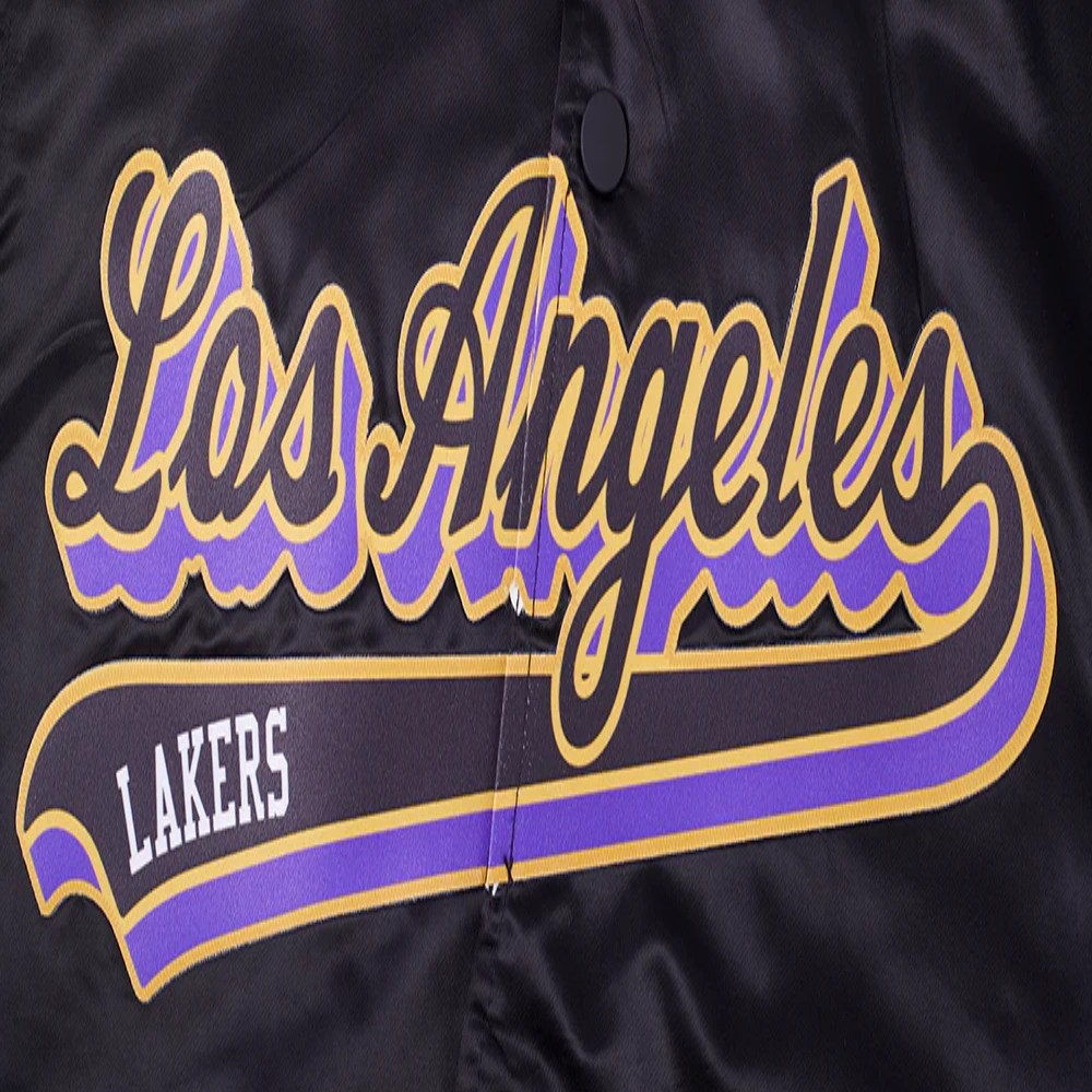 Los angeles lakers script tail full snap satin varsity jacket black 3