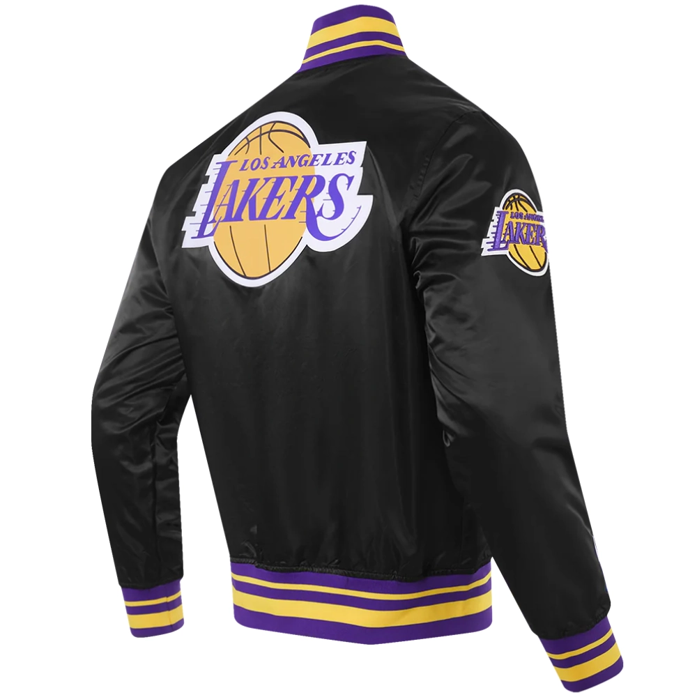Los angeles lakers script tail full snap satin varsity jacket black 4