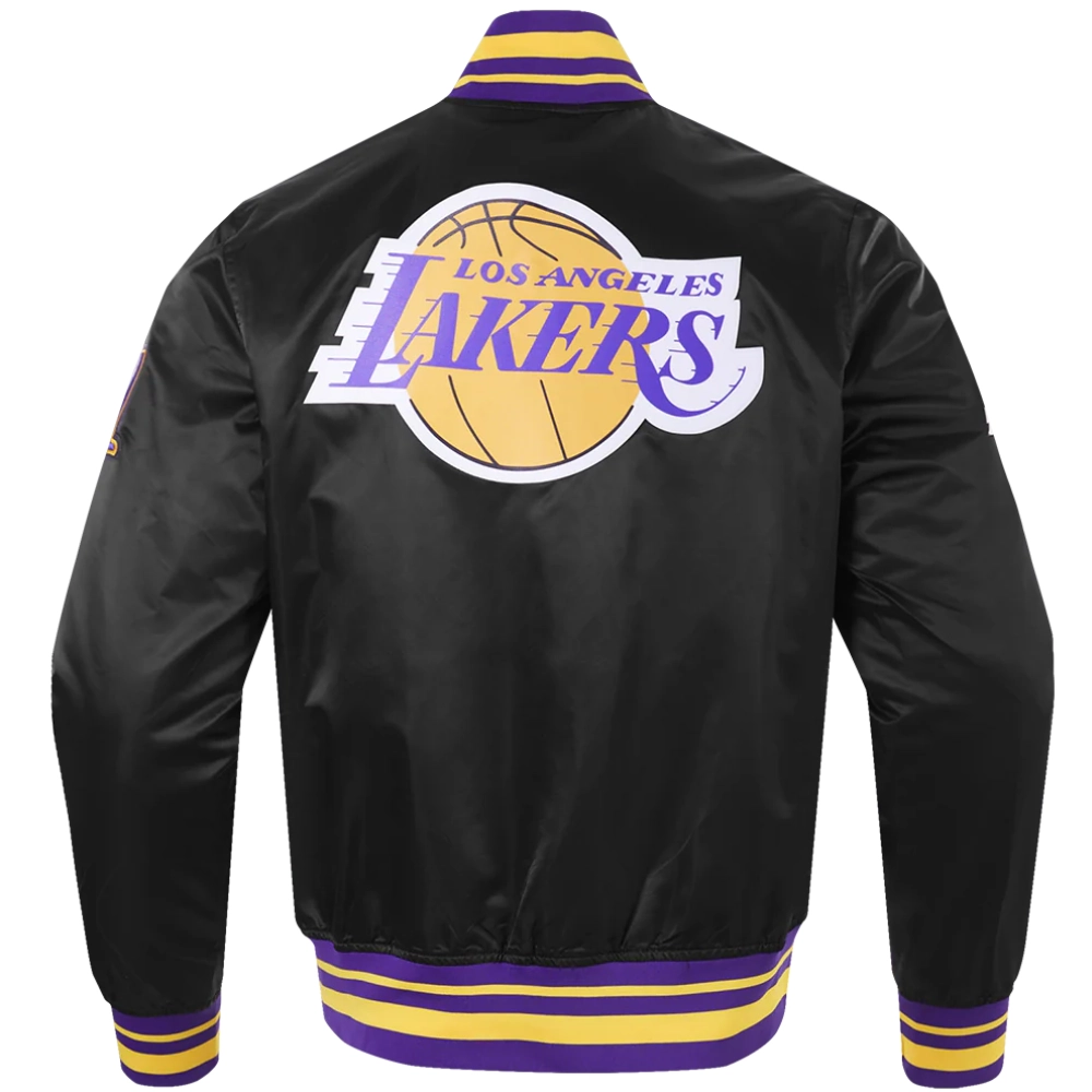 Los angeles lakers script tail full snap satin varsity jacket black 5