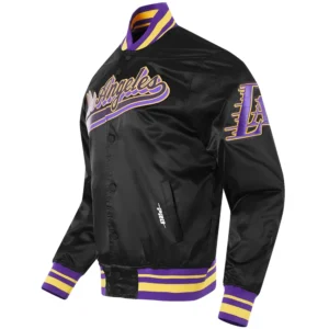 Los angeles lakers script tail full snap satin varsity jacket black 6