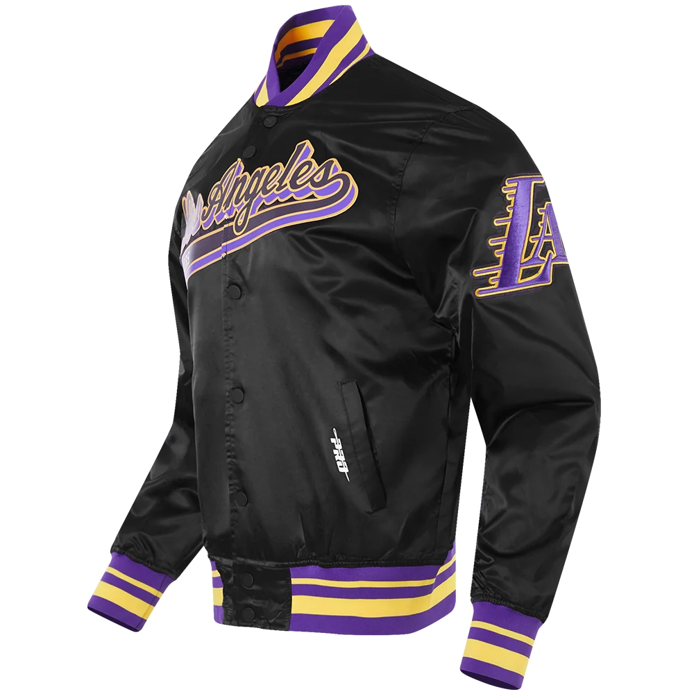 Los angeles lakers script tail full snap satin varsity jacket black 6