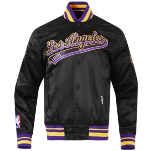 Los angeles lakers script tail full snap satin varsity jacket black 7
