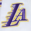 Los angeles lakers script tail full snap satin varsity jacket white 1