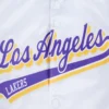 Los angeles lakers script tail full snap satin varsity jacket white 3