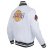 Los angeles lakers script tail full snap satin varsity jacket white 4
