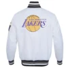 Los angeles lakers script tail full snap satin varsity jacket white 5