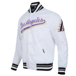 Los angeles lakers script tail full snap satin varsity jacket white 6