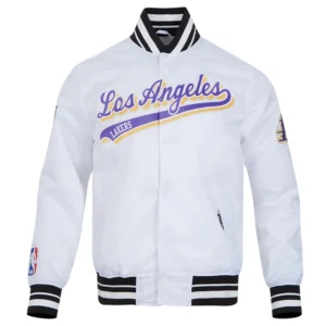 Los angeles lakers script tail full snap satin varsity jacket white 7