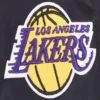 Los angeles lakers script tail womens full snap satin varsity jacket black 1