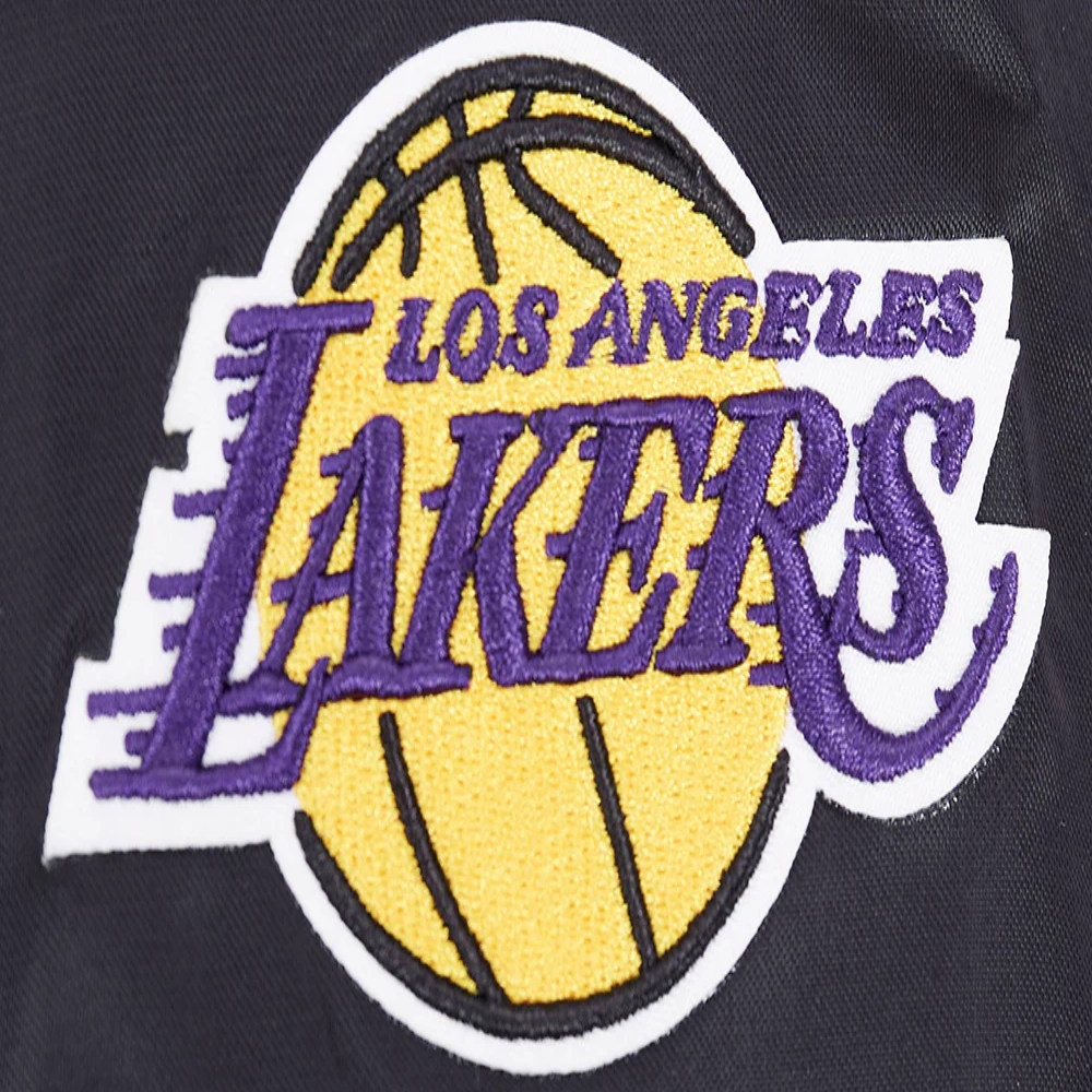 Los angeles lakers script tail womens full snap satin varsity jacket black 1
