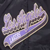 Los angeles lakers script tail womens full snap satin varsity jacket black 2