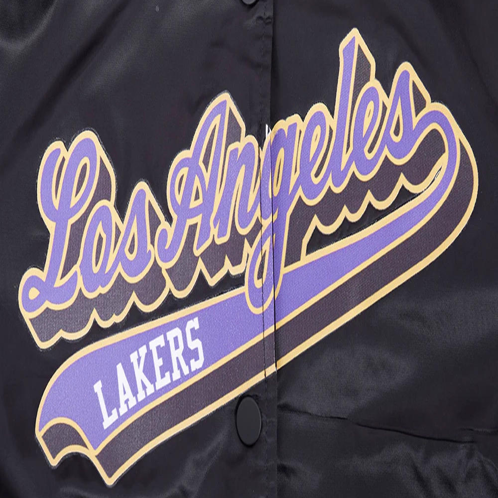 Los angeles lakers script tail womens full snap satin varsity jacket black 2