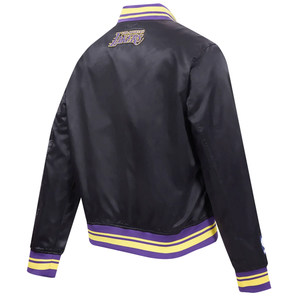 Los angeles lakers script tail womens full snap satin varsity jacket black 4