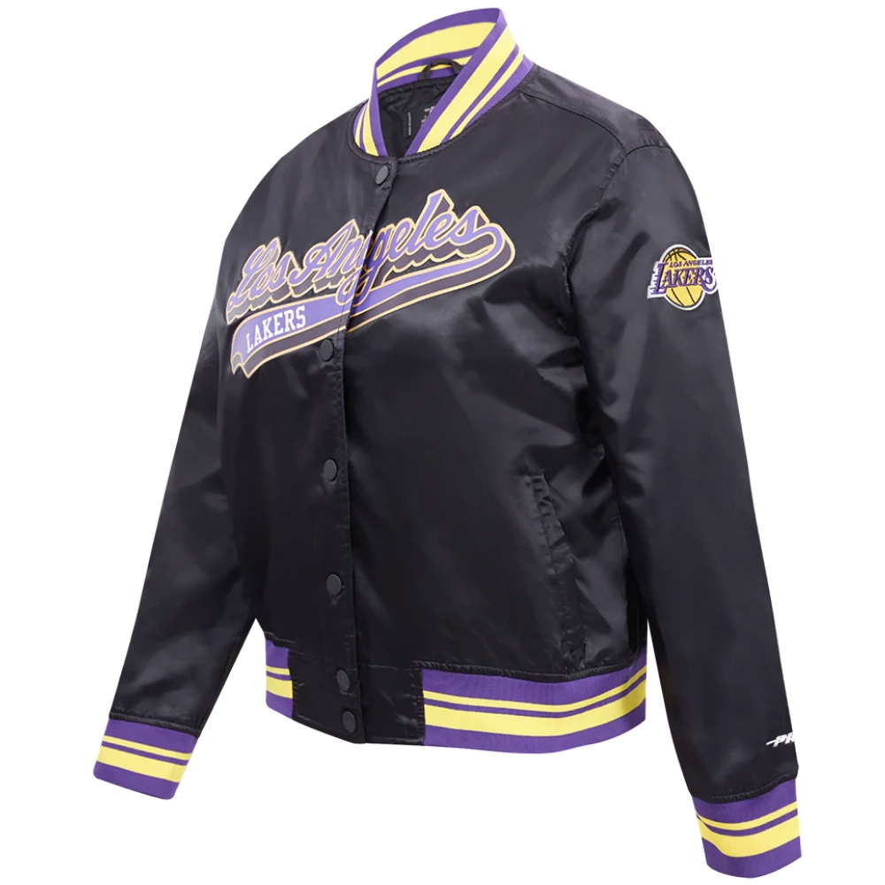 Los angeles lakers script tail womens full snap satin varsity jacket black 5