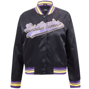 Los angeles lakers script tail womens full snap satin varsity jacket black 6