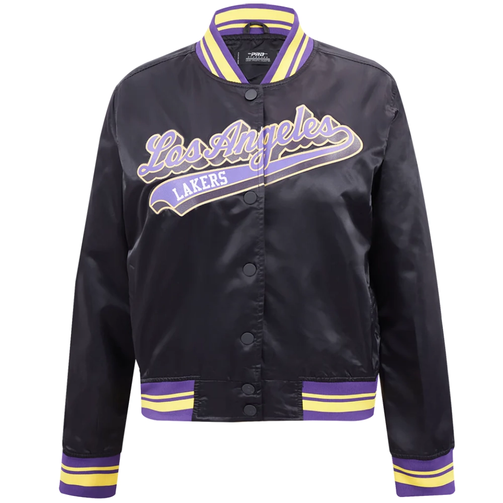 Los angeles lakers script tail womens full snap satin varsity jacket black 6
