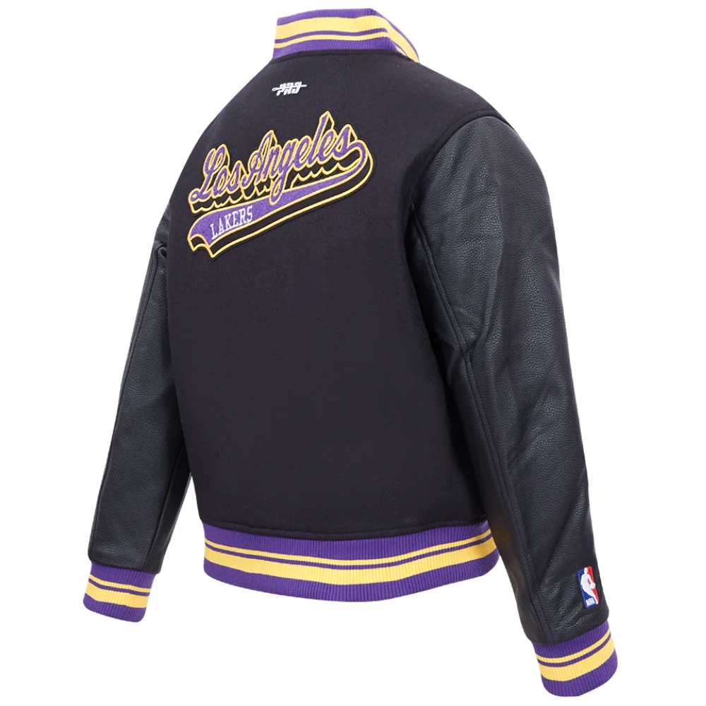 Los angeles lakers script tail womens wool leather varsity jacket black 3