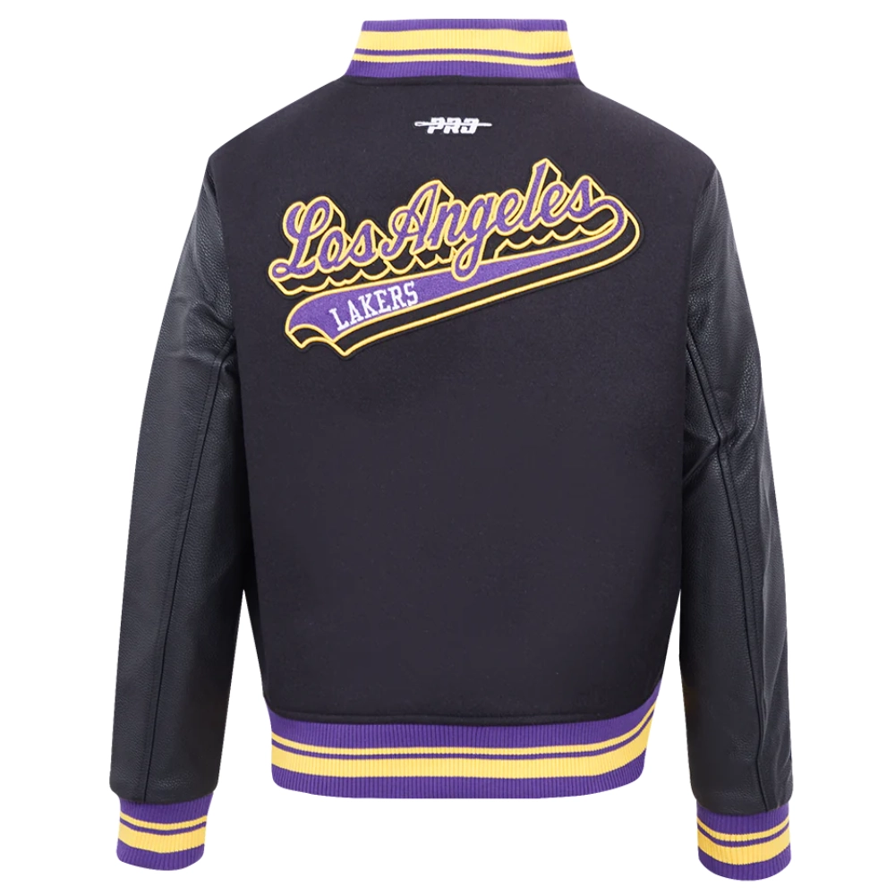 Los angeles lakers script tail womens wool leather varsity jacket black 4